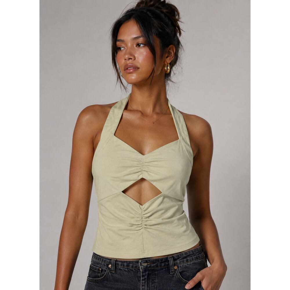 Commense Light Olive Green Halter Tank Top with Front Cutout